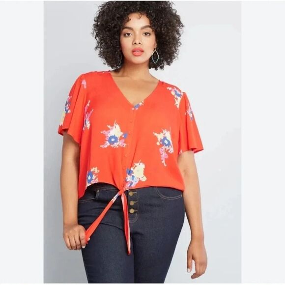 Mod Cloth Breezy Tendency Crop Top Floral Tie Front Oversized Drapey Size 2X - Picture 1 of 10